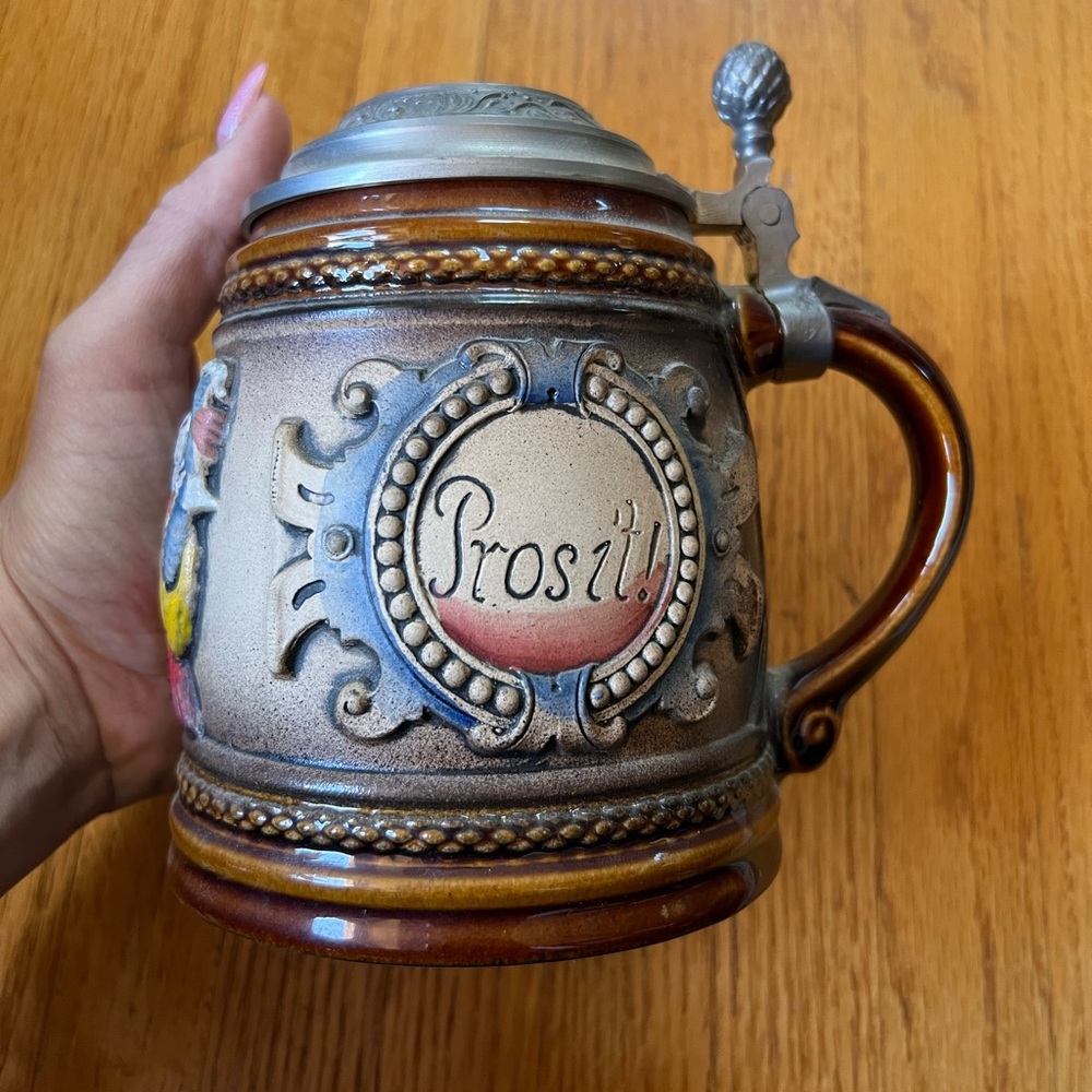 Vintage Beyer German Stein with Pewter Lid Hand Painted
